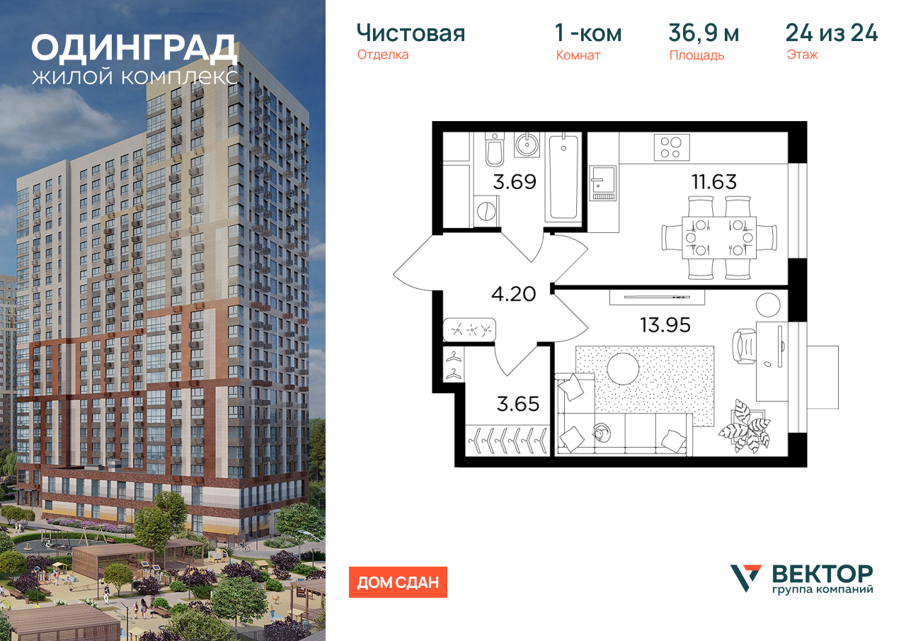 Продажа 1-комнатной новостройки, Одинцово, микрорайон Клубничное Поле,  6