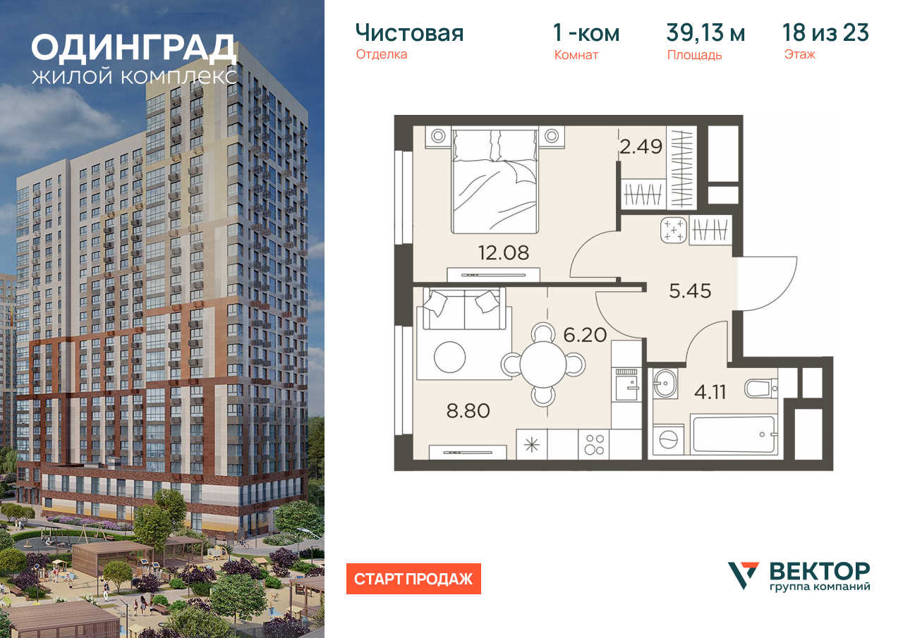 Продажа 1-комнатной новостройки, Одинцово, микрорайон Клубничное Поле,  8