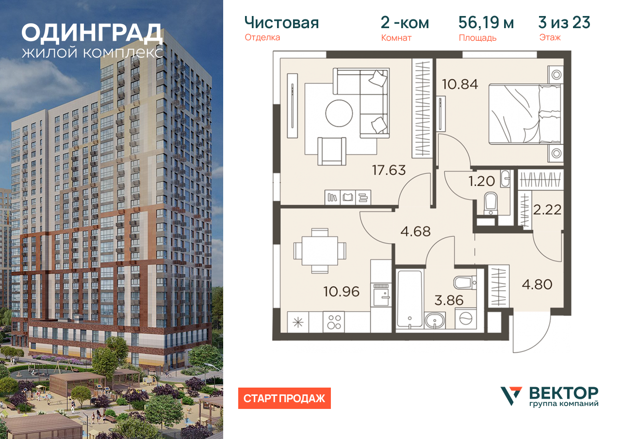 Продажа 2-комнатной новостройки, Одинцово, микрорайон Клубничное Поле,  8