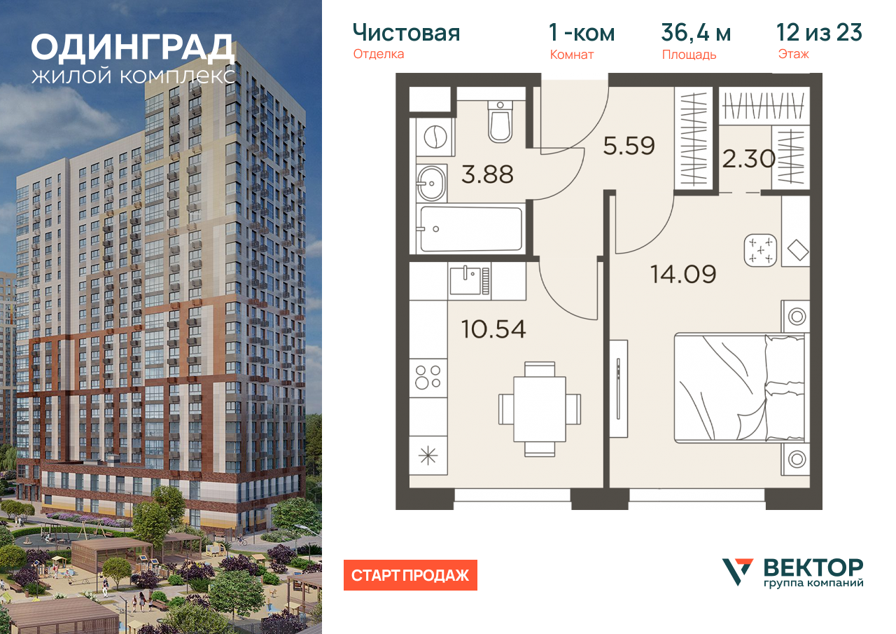 Продажа 1-комнатной новостройки, Одинцово, микрорайон Клубничное Поле,  8