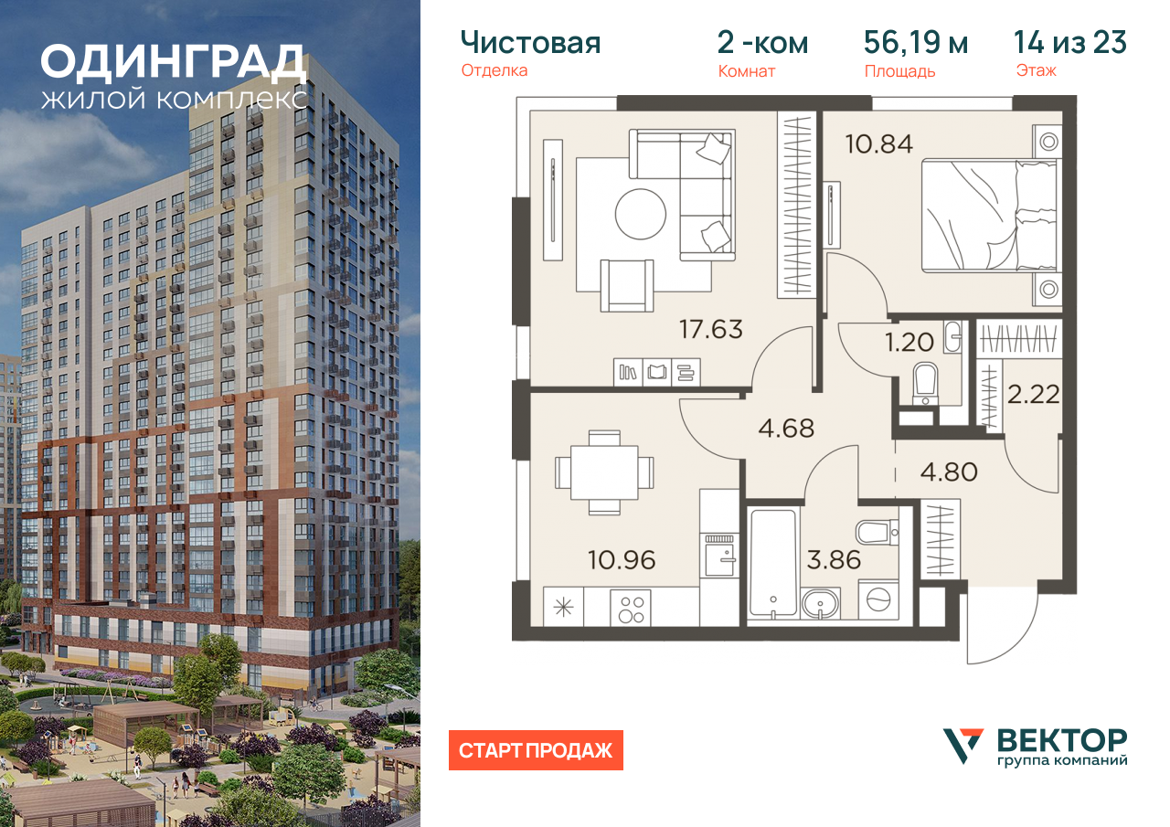 Продажа 2-комнатной новостройки, Одинцово, микрорайон Клубничное Поле,  8
