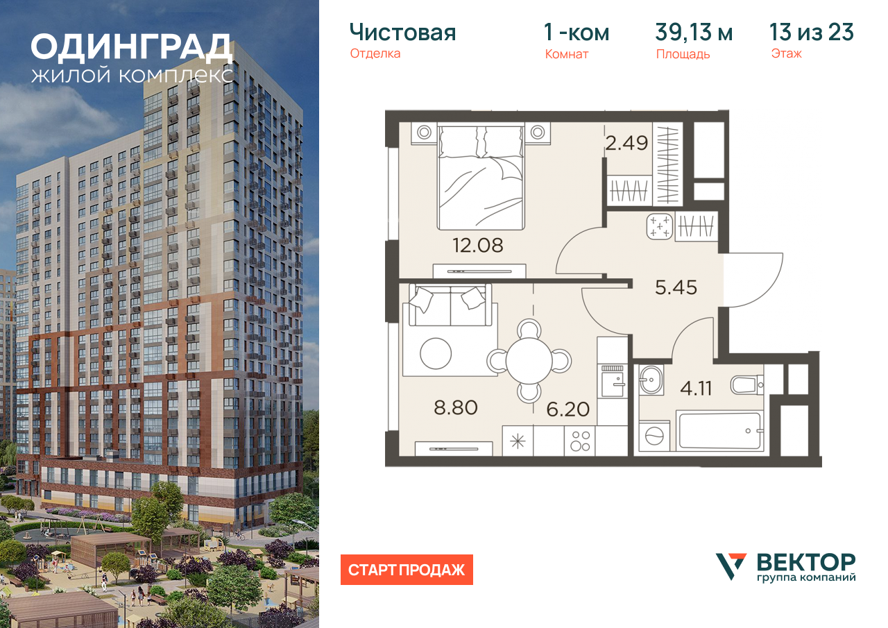 Продажа 1-комнатной новостройки, Одинцово, микрорайон Клубничное Поле,  8