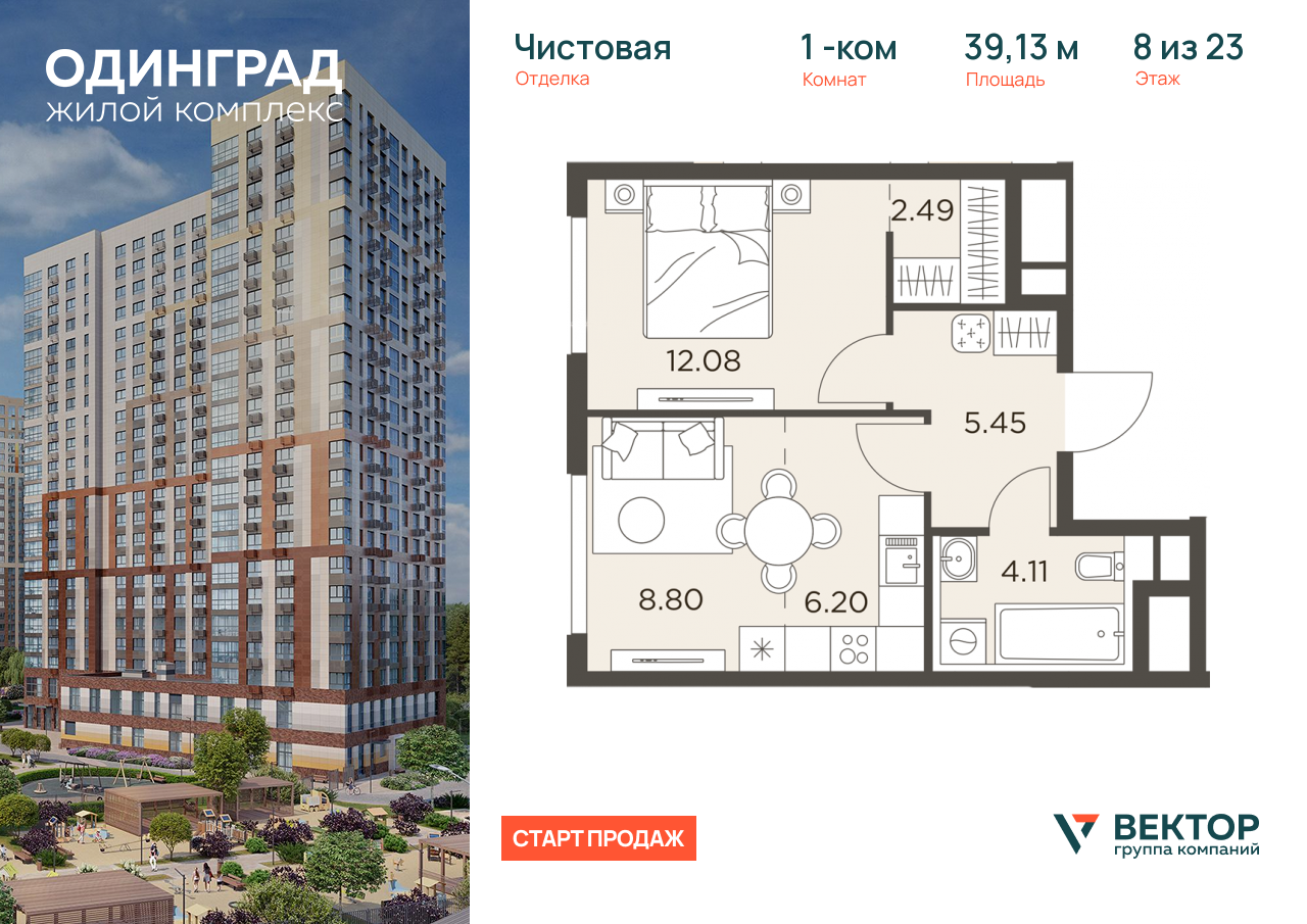 Продажа 1-комнатной новостройки, Одинцово, микрорайон Клубничное Поле,  8