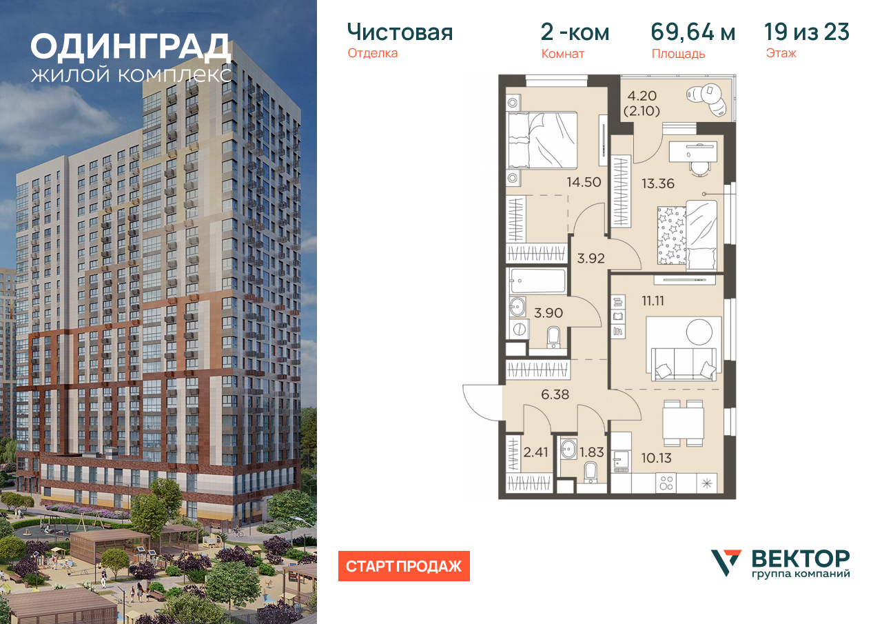 Продажа 2-комнатной новостройки, Одинцово, микрорайон Клубничное Поле,  8