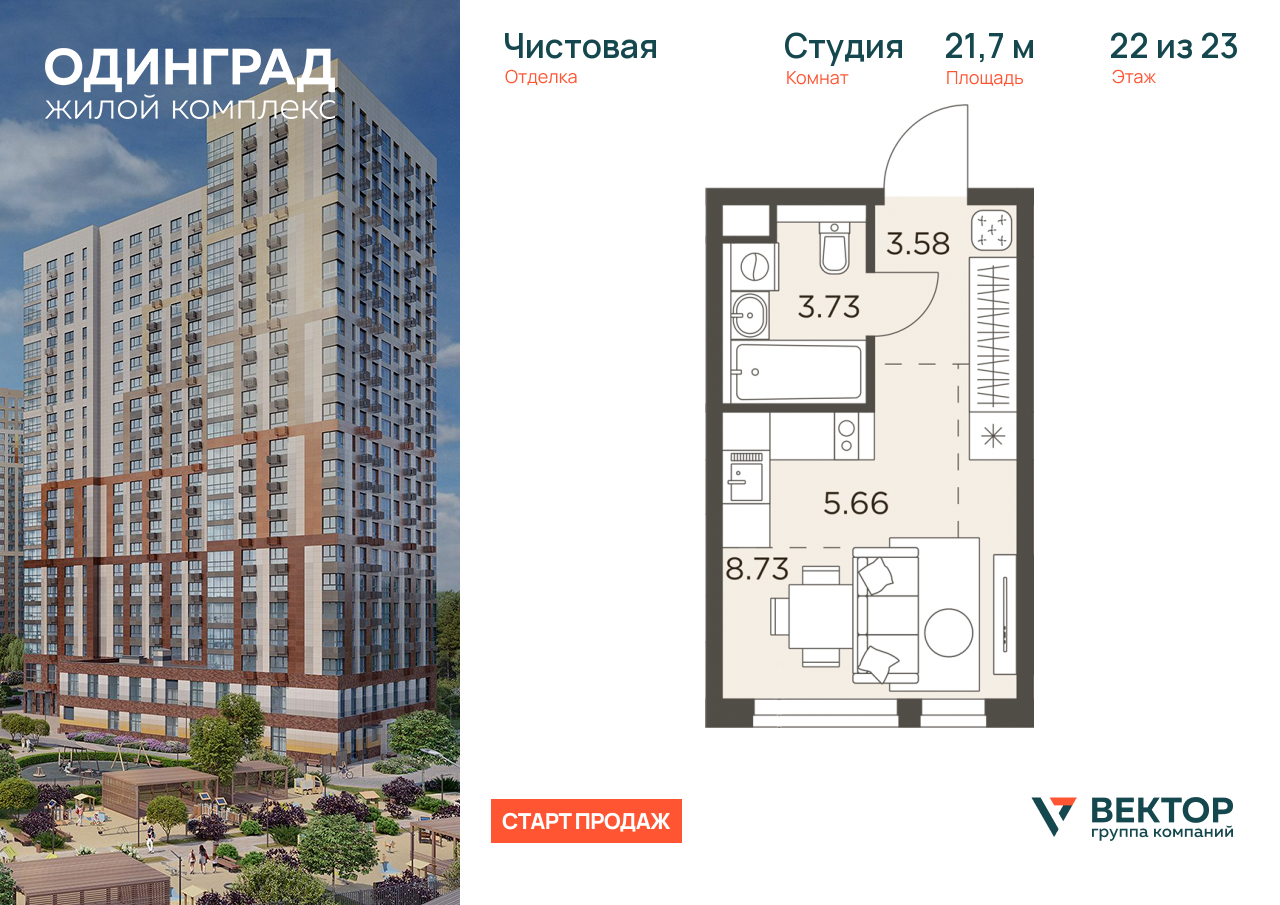 Продажа 1-комнатной новостройки, Одинцово, микрорайон Клубничное Поле,  8