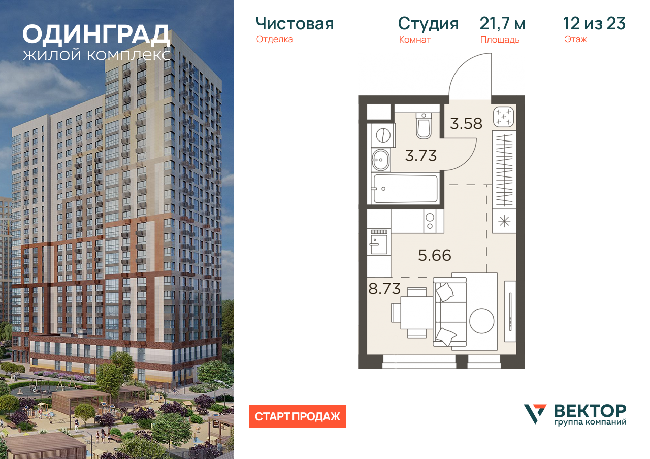Продажа 1-комнатной новостройки, Одинцово, микрорайон Клубничное Поле,  8