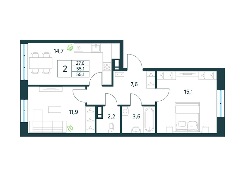 Продажа 2-комнатной новостройки, Чита, микрорайон Хороший,  15