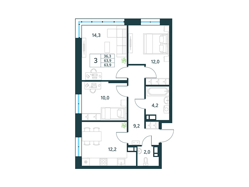 Продажа 3-комнатной новостройки, Чита, микрорайон Хороший,  15