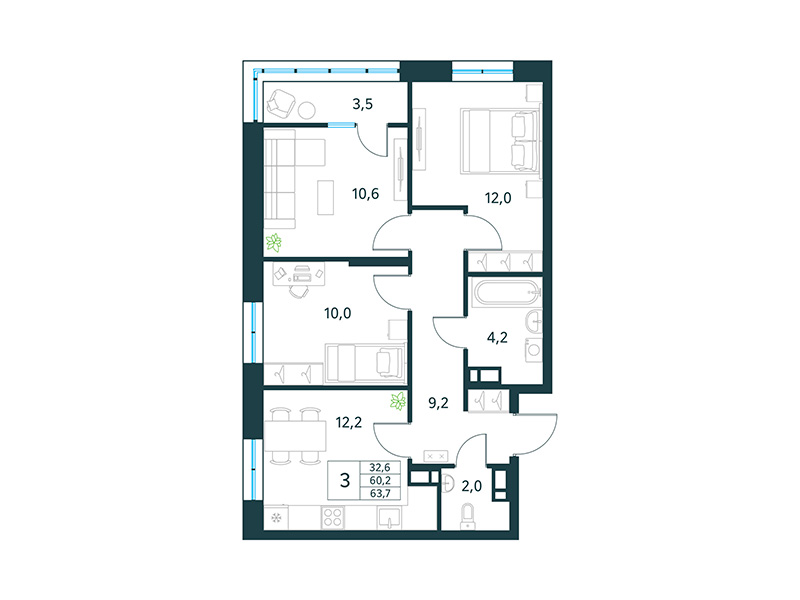 Продажа 3-комнатной новостройки, Чита, микрорайон Хороший,  15