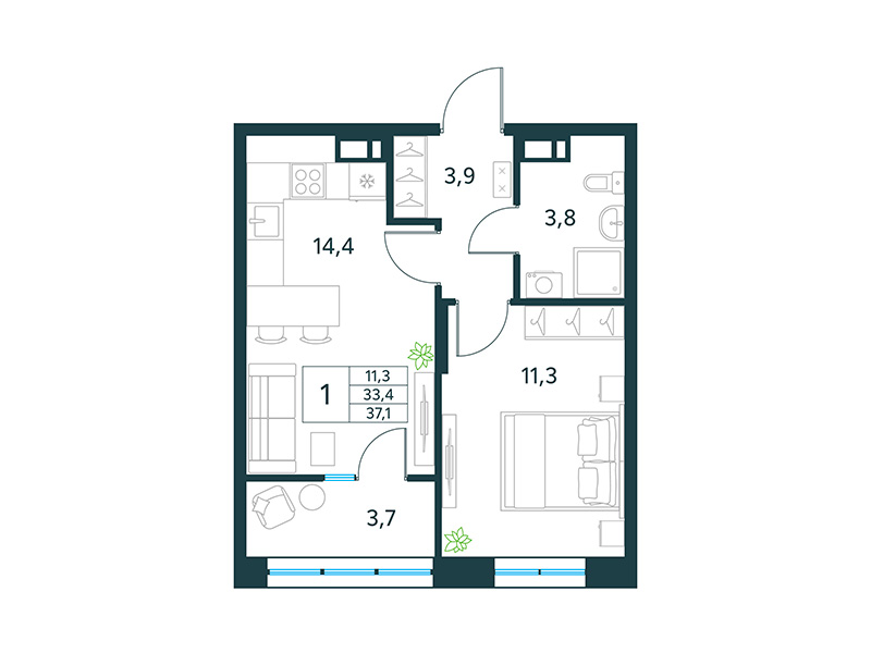 Продажа 1-комнатной новостройки, Чита, микрорайон Хороший,  15