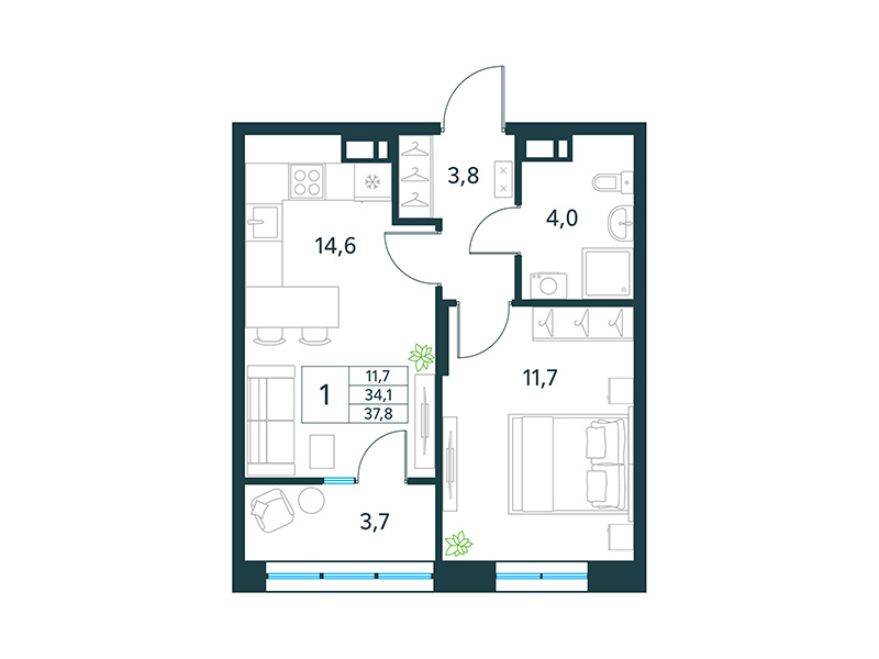 Продажа 1-комнатной новостройки, Чита, микрорайон Хороший,  15