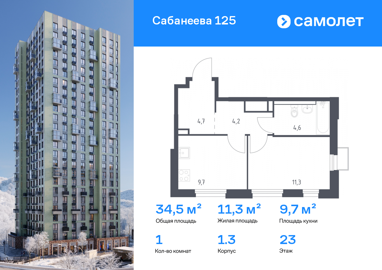 Продажа 1-комнатной новостройки, Владивосток, Сабанеева ул,  1.3