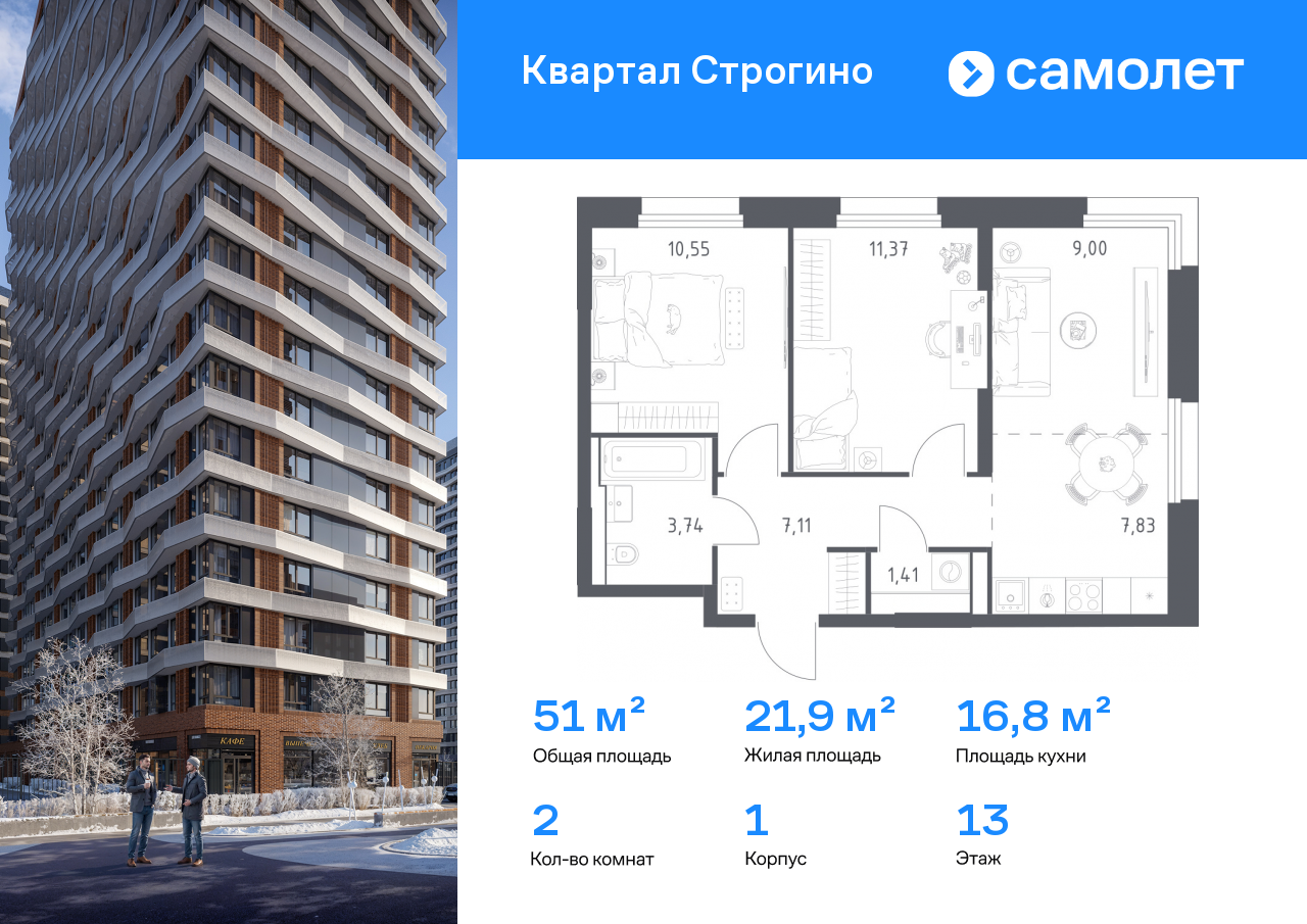 Продажа 2-комнатной новостройки, Красногорск, жилой комплекс Квартал Строгино,  к1
