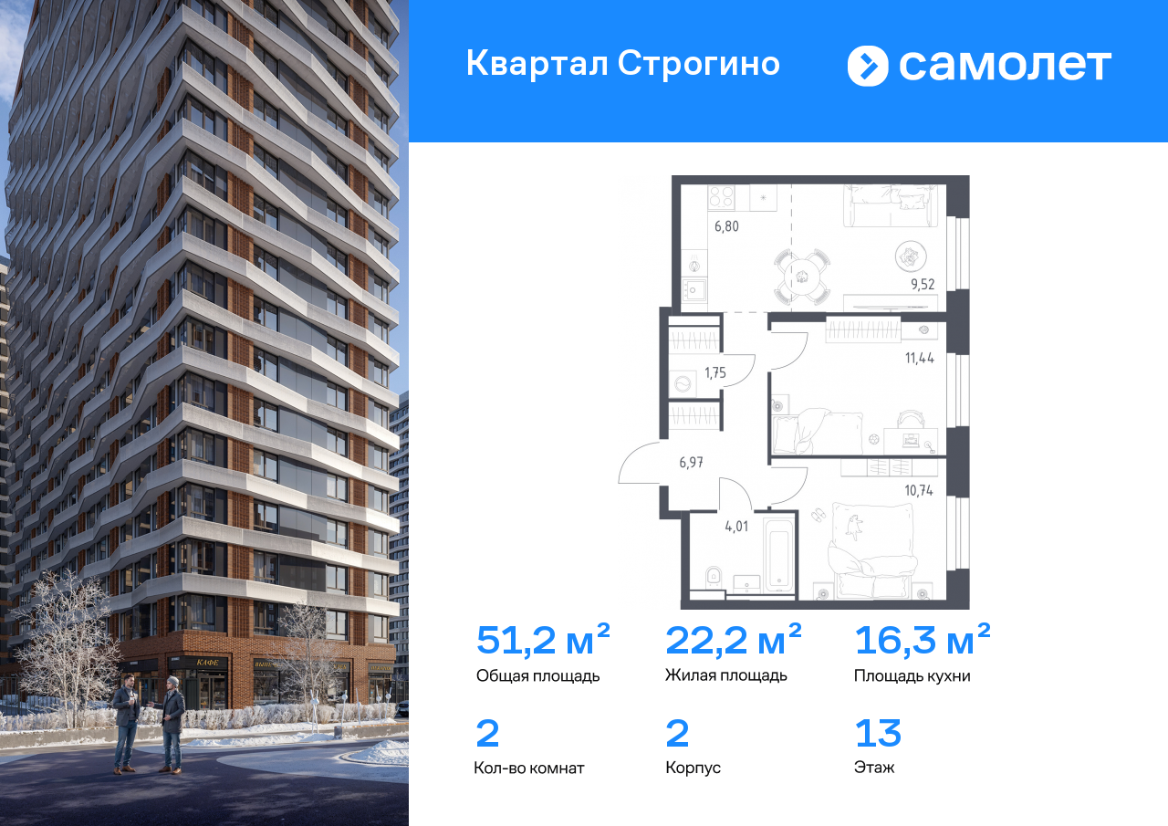 Продажа 2-комнатной новостройки, Красногорск, жилой комплекс Квартал Строгино,  к2