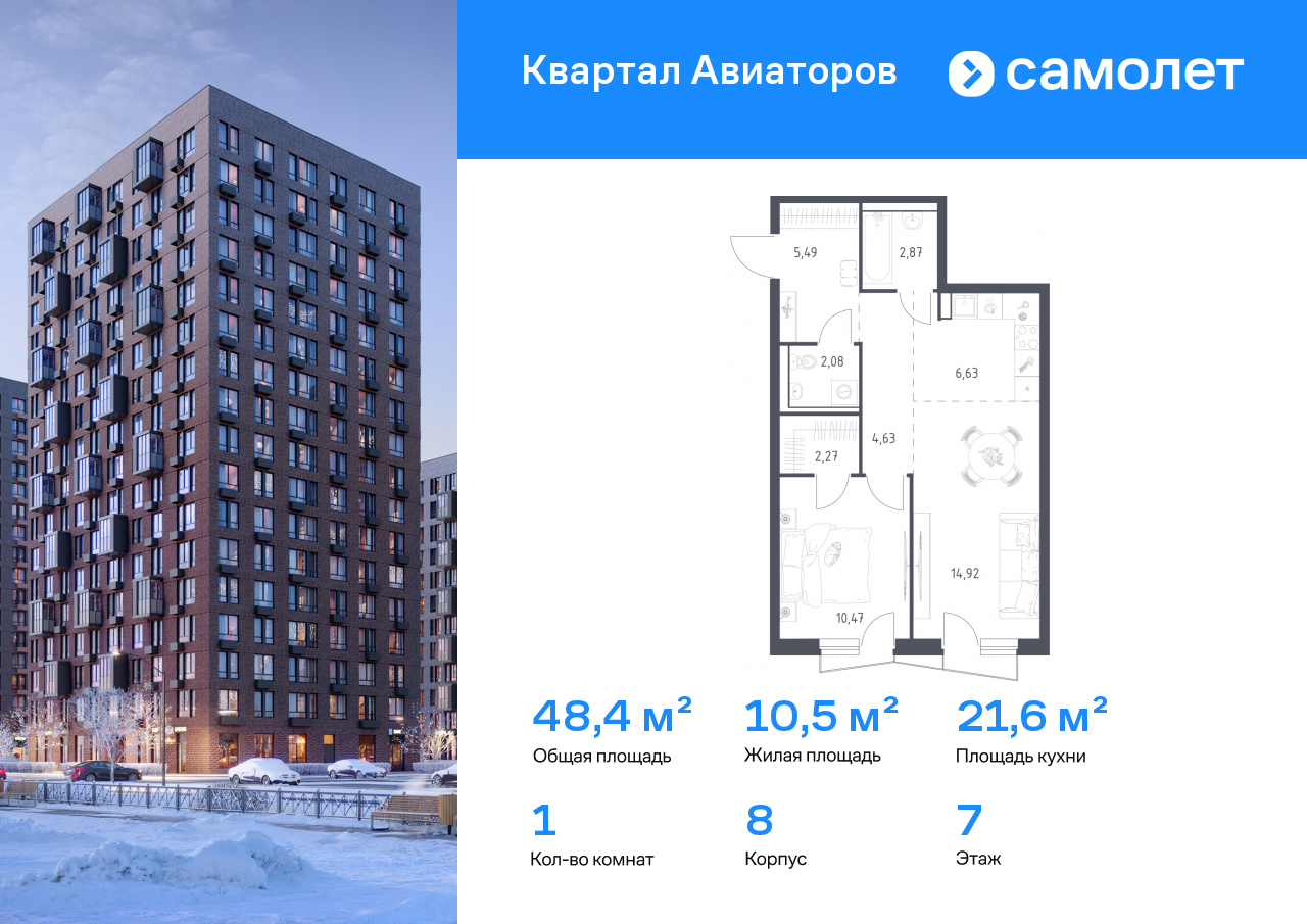 Продажа 1-комнатной новостройки, Авиаторов, Колдунова ул,  1
