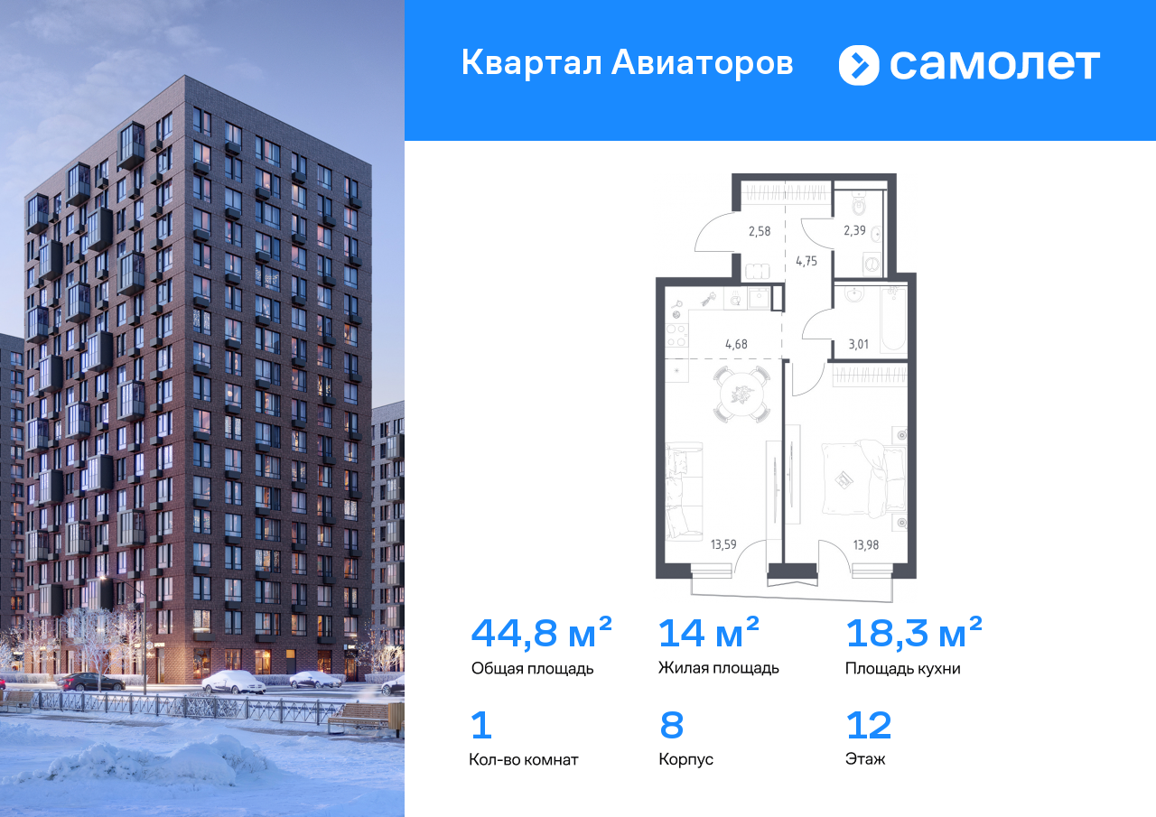 Продажа 1-комнатной новостройки, Авиаторов, Колдунова ул,  1