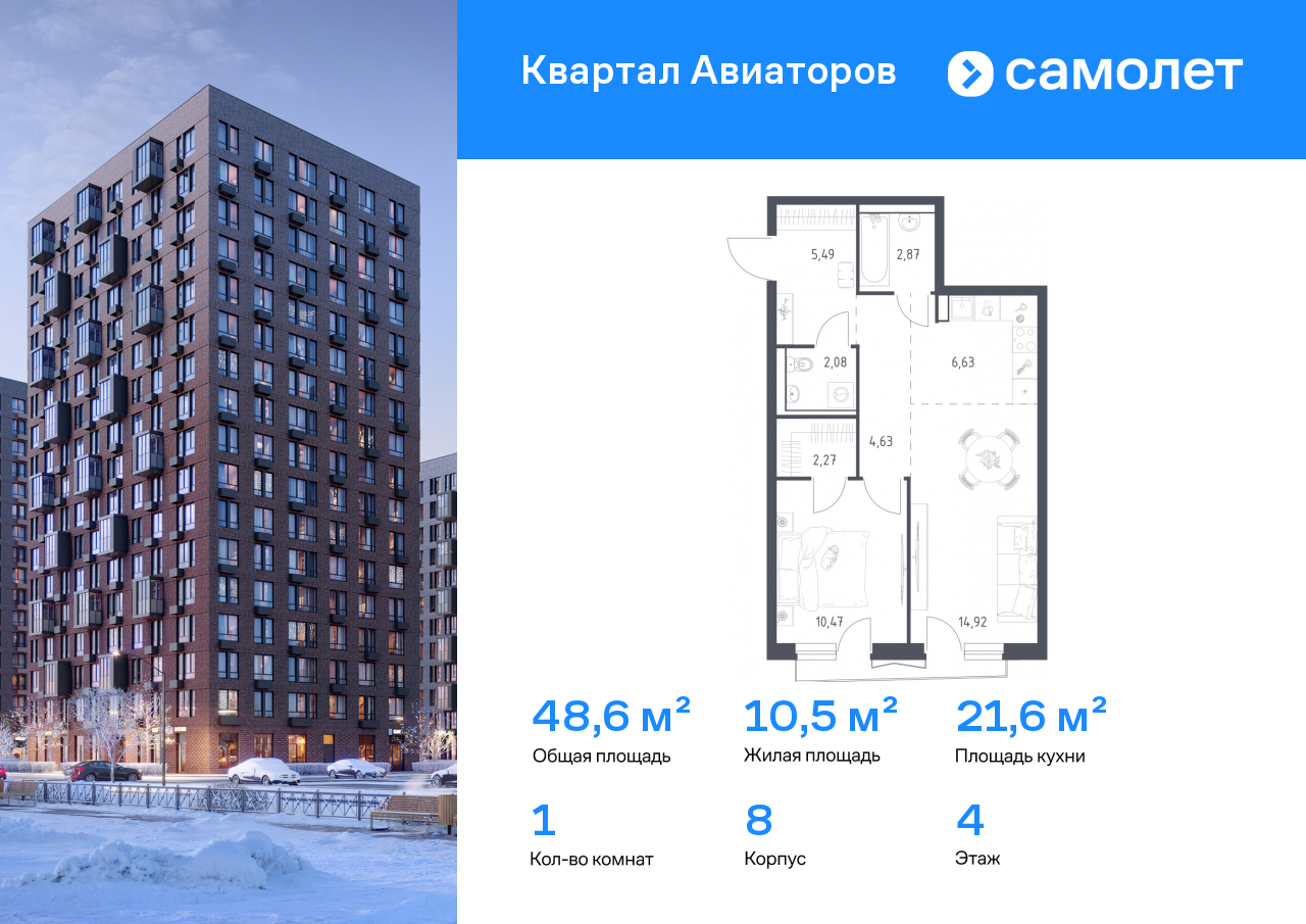 Продажа 1-комнатной новостройки, Авиаторов, Колдунова ул,  1