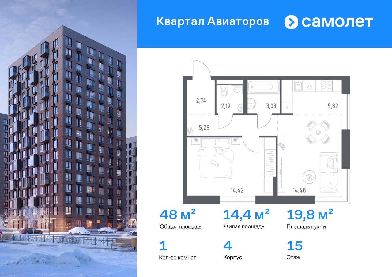 Продажа 1-комнатной новостройки, Балашиха, жилой комплекс Квартал Авиаторов,  к4