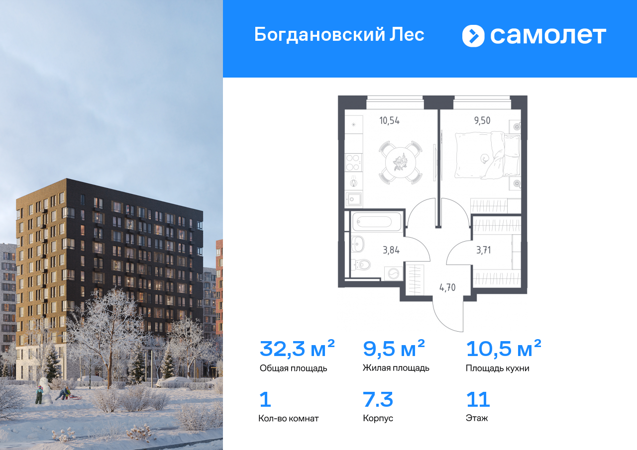 Продажа 1-комнатной новостройки, Ленинский, жилой комплекс Богдановский Лес,  7.3