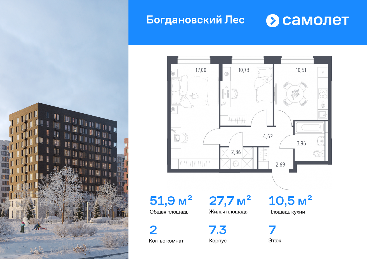 Продажа 2-комнатной новостройки, Ленинский, жилой комплекс Богдановский Лес,  7.3