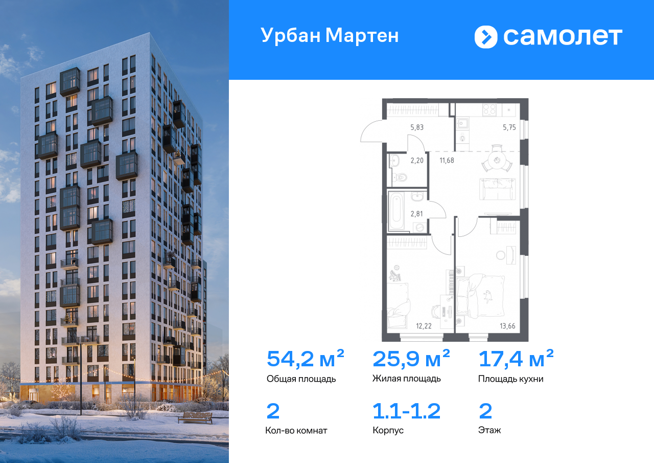 Продажа 2-комнатной новостройки, Уфа, ЖК Урбан Мартен,  