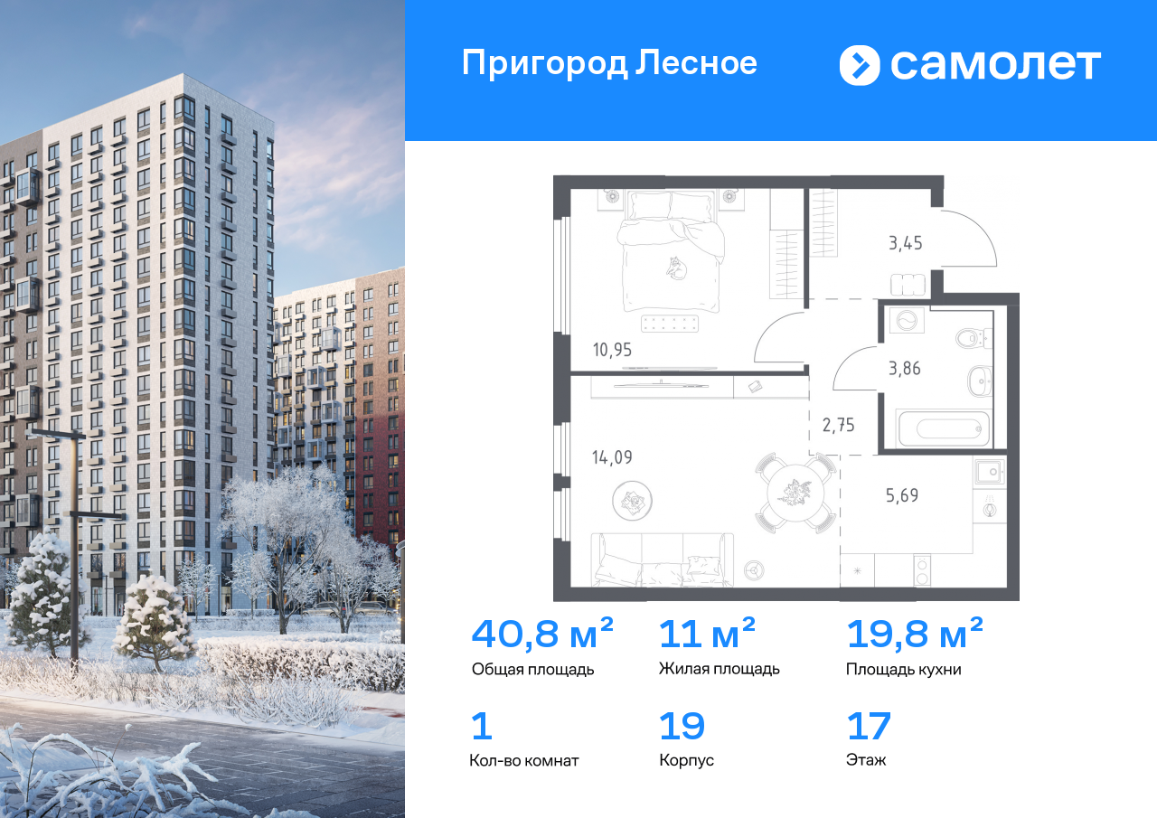Продажа 1-комнатной новостройки, Мисайлово, микрорайон Пригород Лесное,  к19