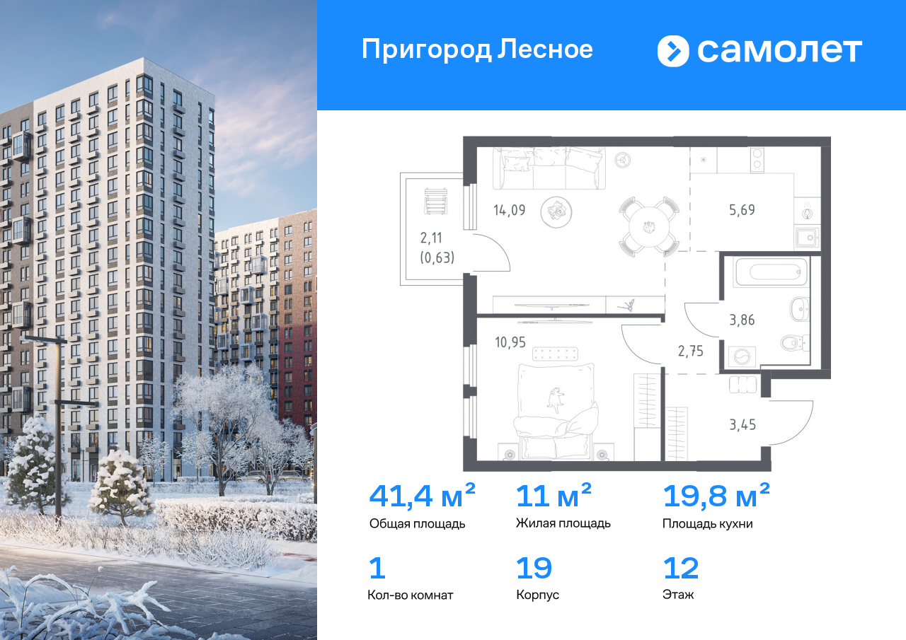 Продажа 1-комнатной новостройки, Мисайлово, микрорайон Пригород Лесное,  к19