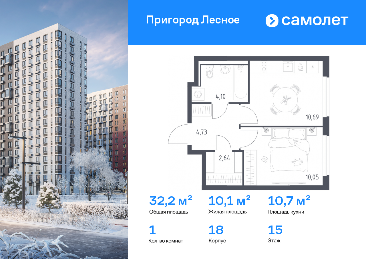 Продажа 1-комнатной новостройки, Мисайлово, микрорайон Пригород Лесное,  к18