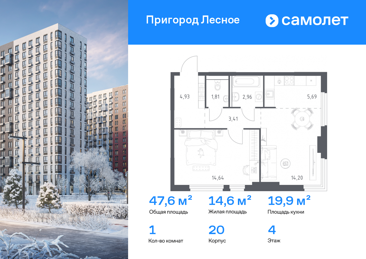 Продажа 1-комнатной новостройки, Мисайлово, микрорайон Пригород Лесное,  к20