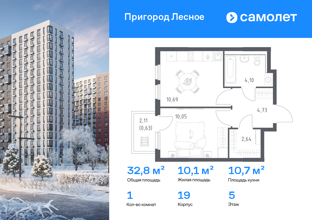Продажа 1-комнатной новостройки, Мисайлово, микрорайон Пригород Лесное,  к19