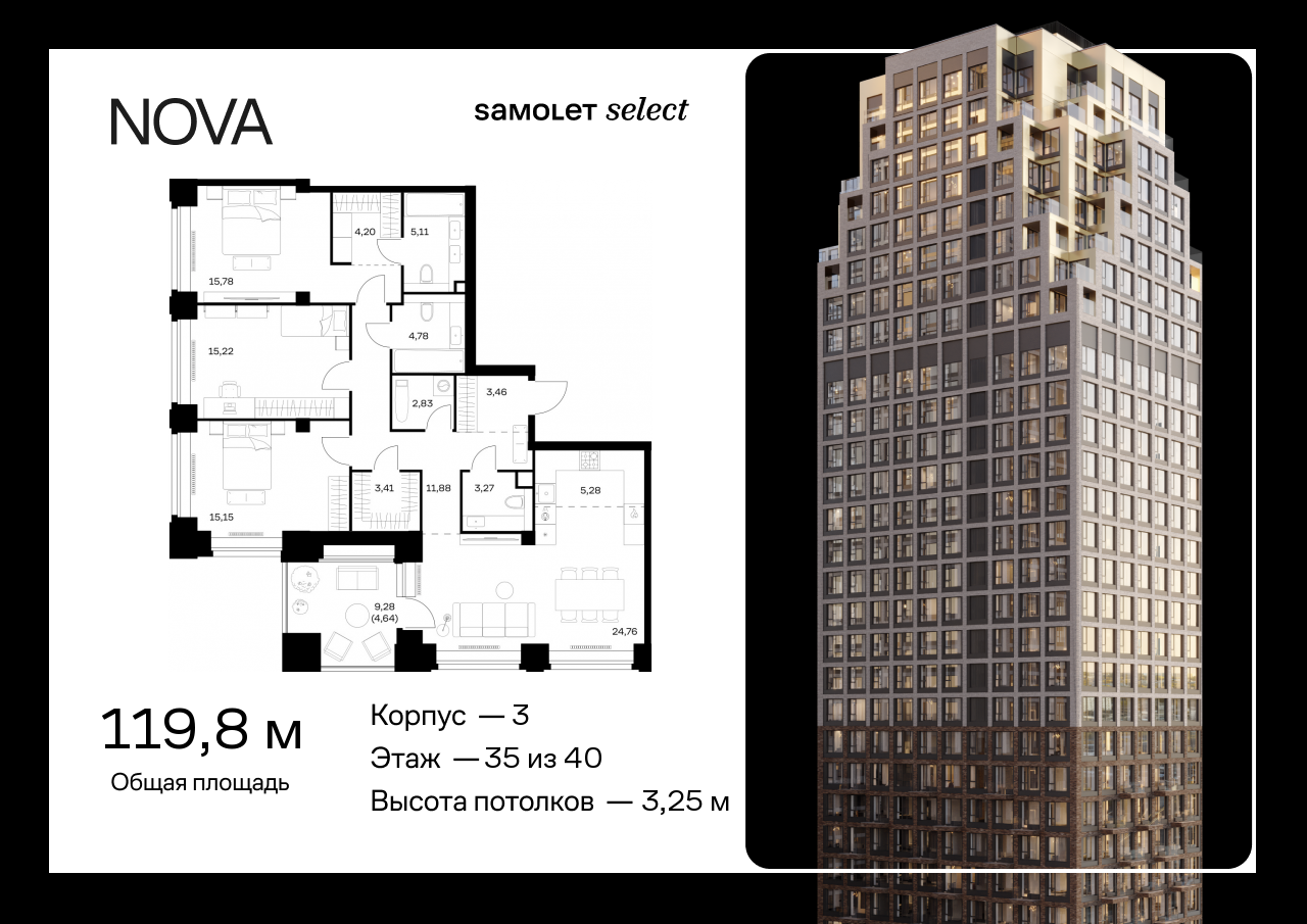 Продажа 3-комнатной новостройки, Москва, жилой комплекс Нова,  к3