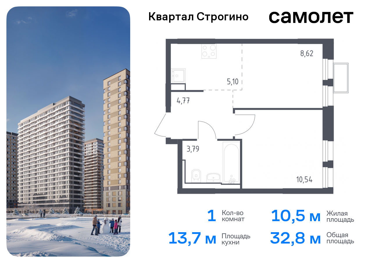 Продажа 1-комнатной новостройки, Красногорск, жилой комплекс Квартал Строгино,  к2