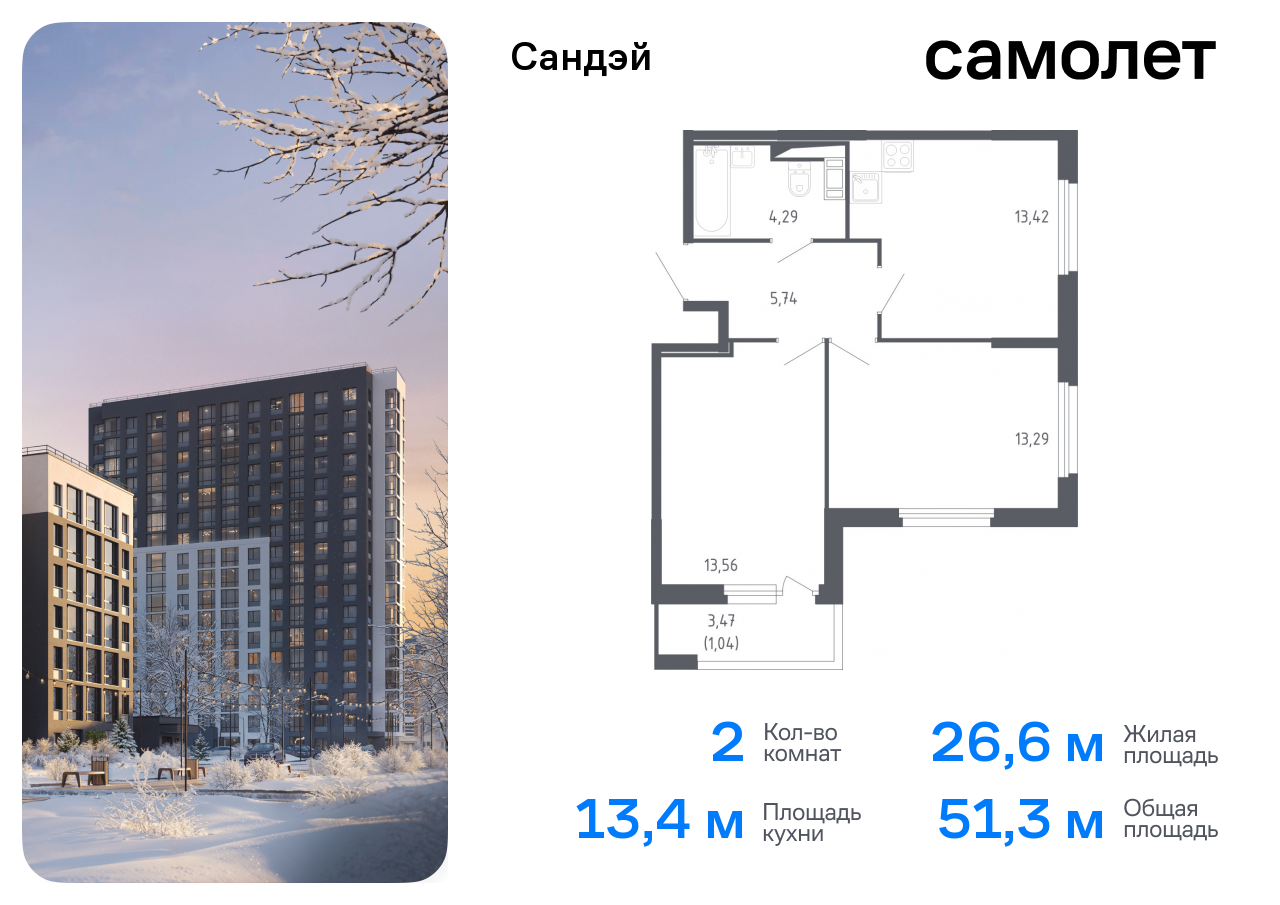 Продажа 2-комнатной новостройки, Санкт-Петербург, жилой комплекс Сандэй,  7.2