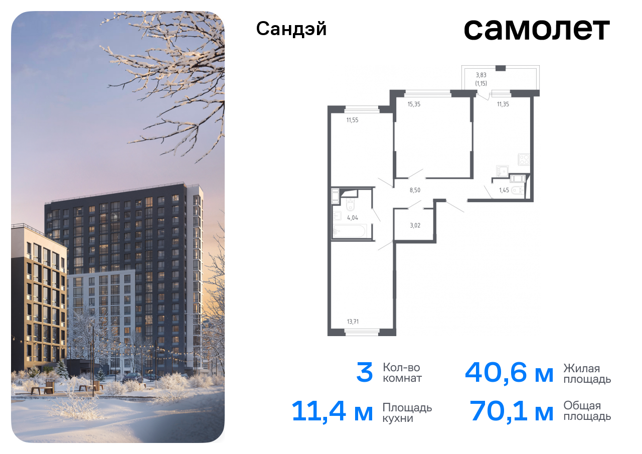 Продажа 3-комнатной новостройки, Санкт-Петербург, жилой комплекс Сандэй,  7.3