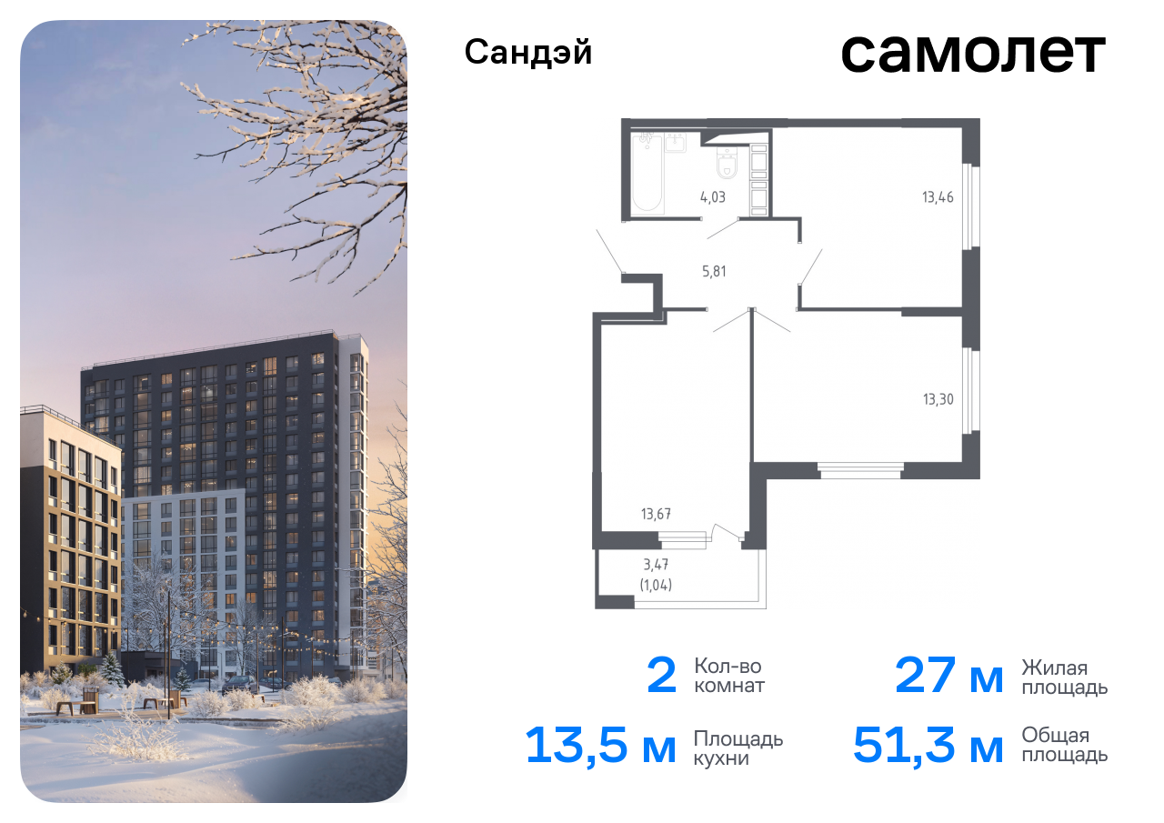 Продажа 2-комнатной новостройки, Санкт-Петербург, жилой комплекс Сандэй,  7.2