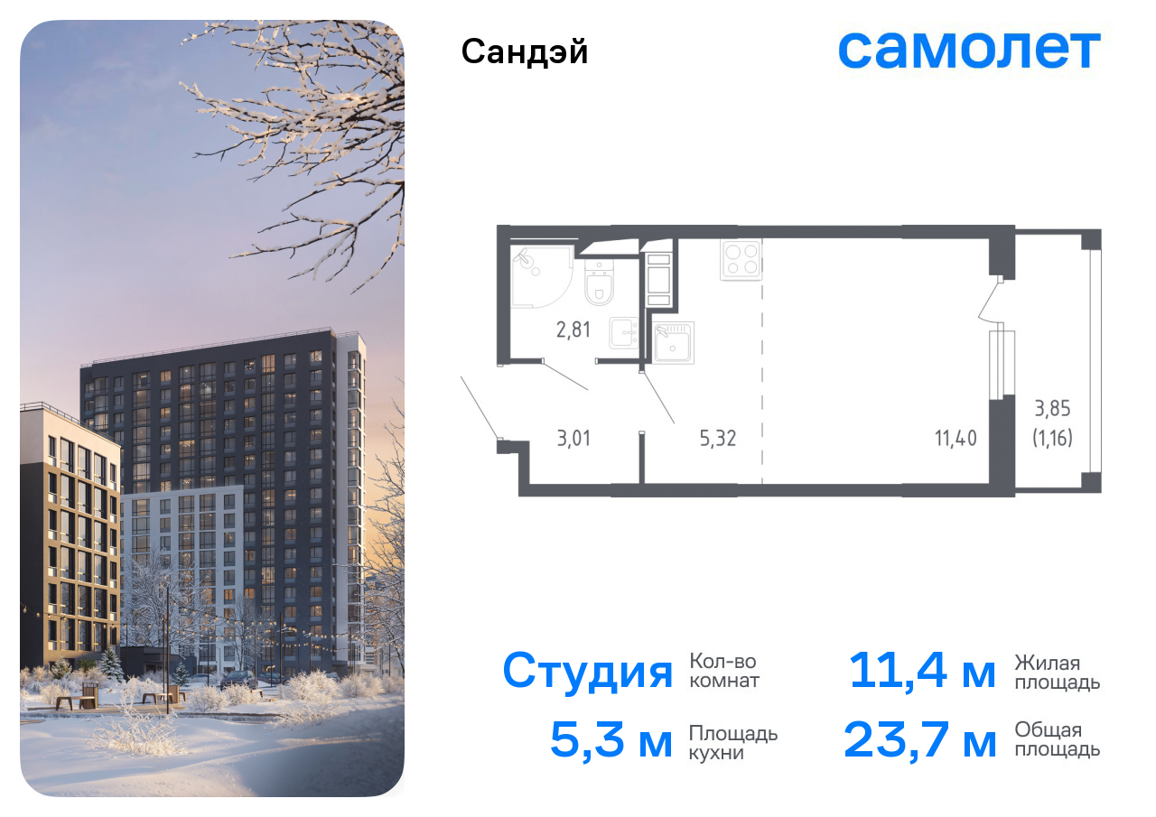 Продажа 1-комнатной новостройки, Санкт-Петербург, жилой комплекс Сандэй,  7.2