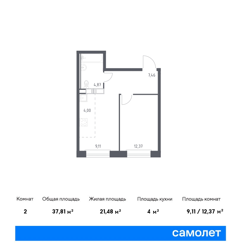 1-комнатная квартира, 37.81 кв.м.