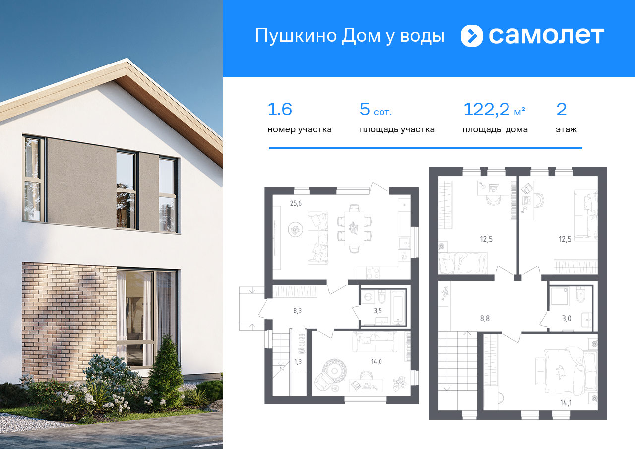 Продажа дома, 122м <sup>2</sup>, 5 сот., Московская, коттеджный поселок Пушкино Дом у Воды,  1.1